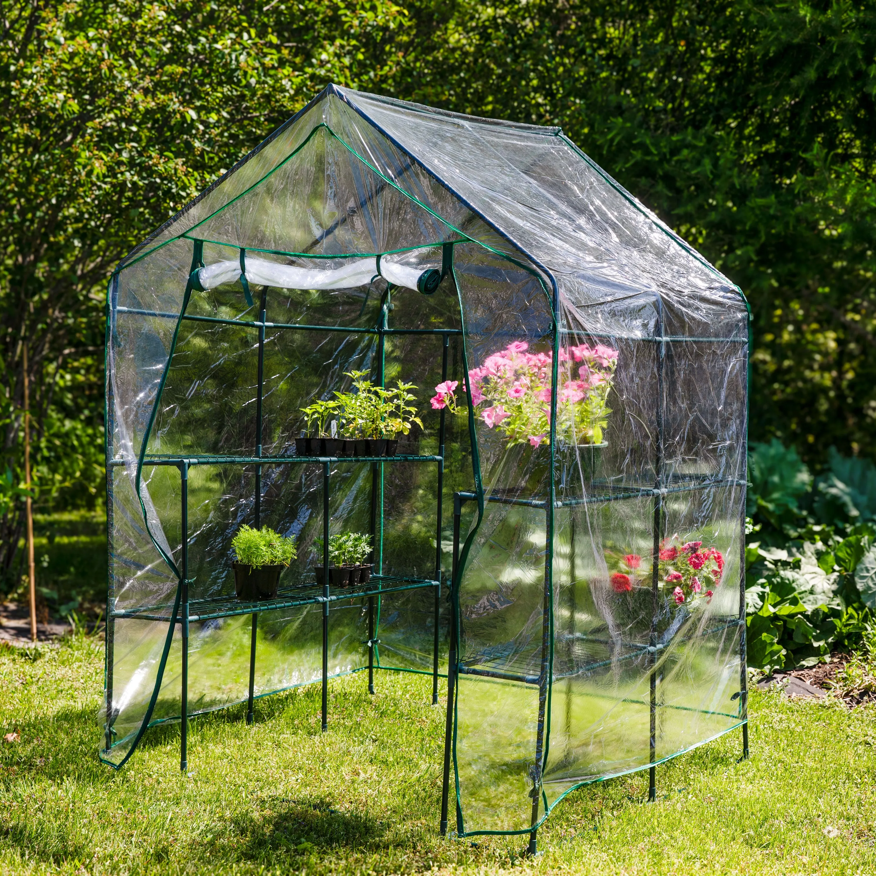 Sunnydaze Grandeur Walk-In Greenhouse with 4 Shelves for Outdoors - Clear