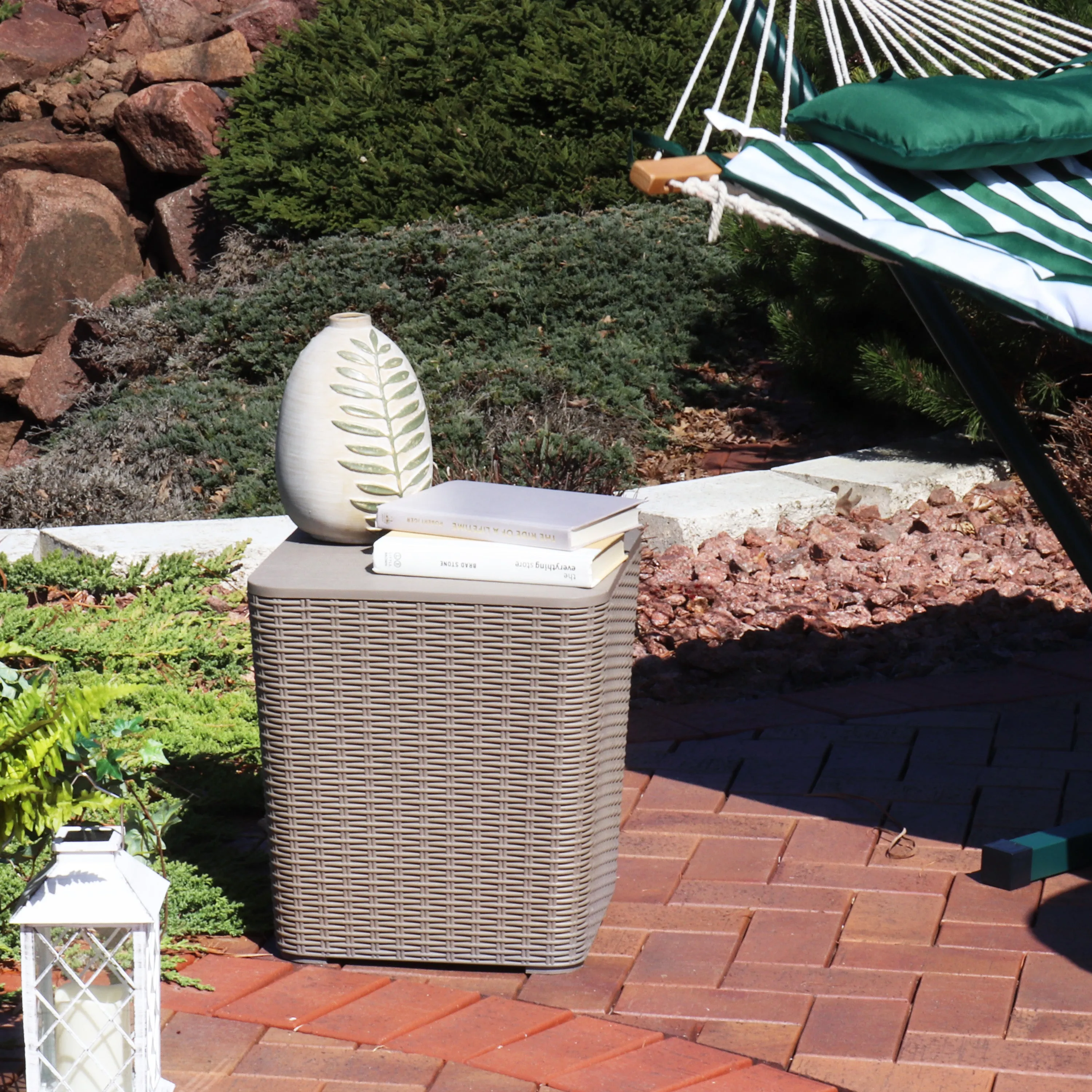 Sunnydaze Outdoor Side Table with Storage - Rattan Design - 11.5 Gal.