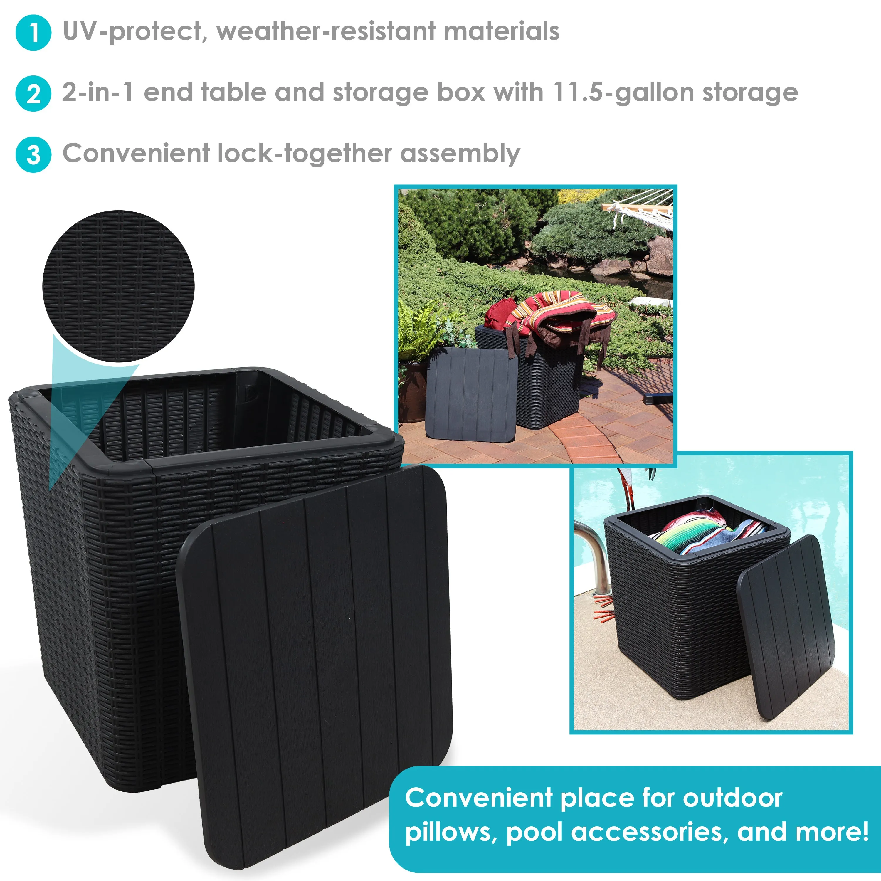 Sunnydaze Outdoor Side Table with Storage - Rattan Design - 11.5 Gal.