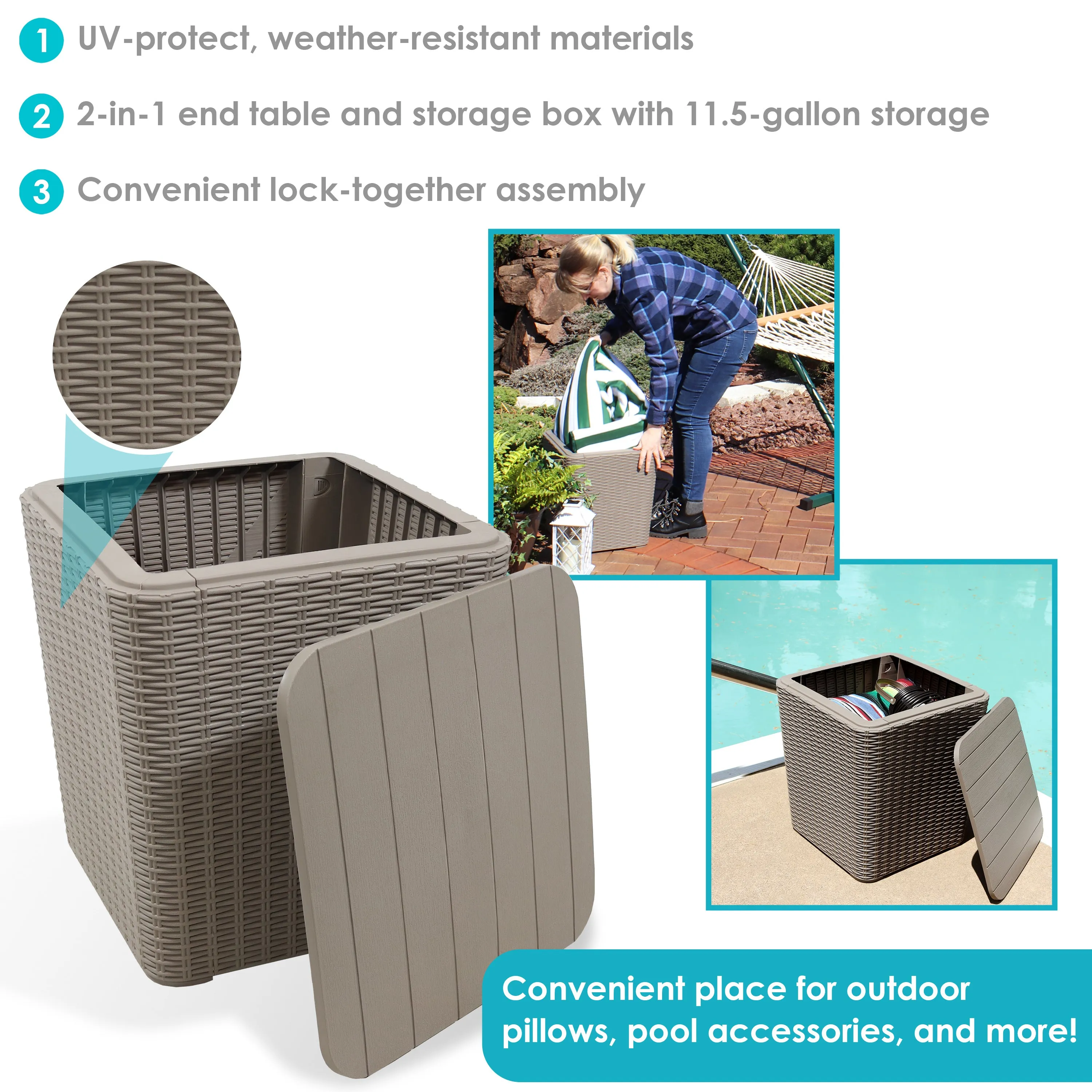 Sunnydaze Outdoor Side Table with Storage - Rattan Design - 11.5 Gal.