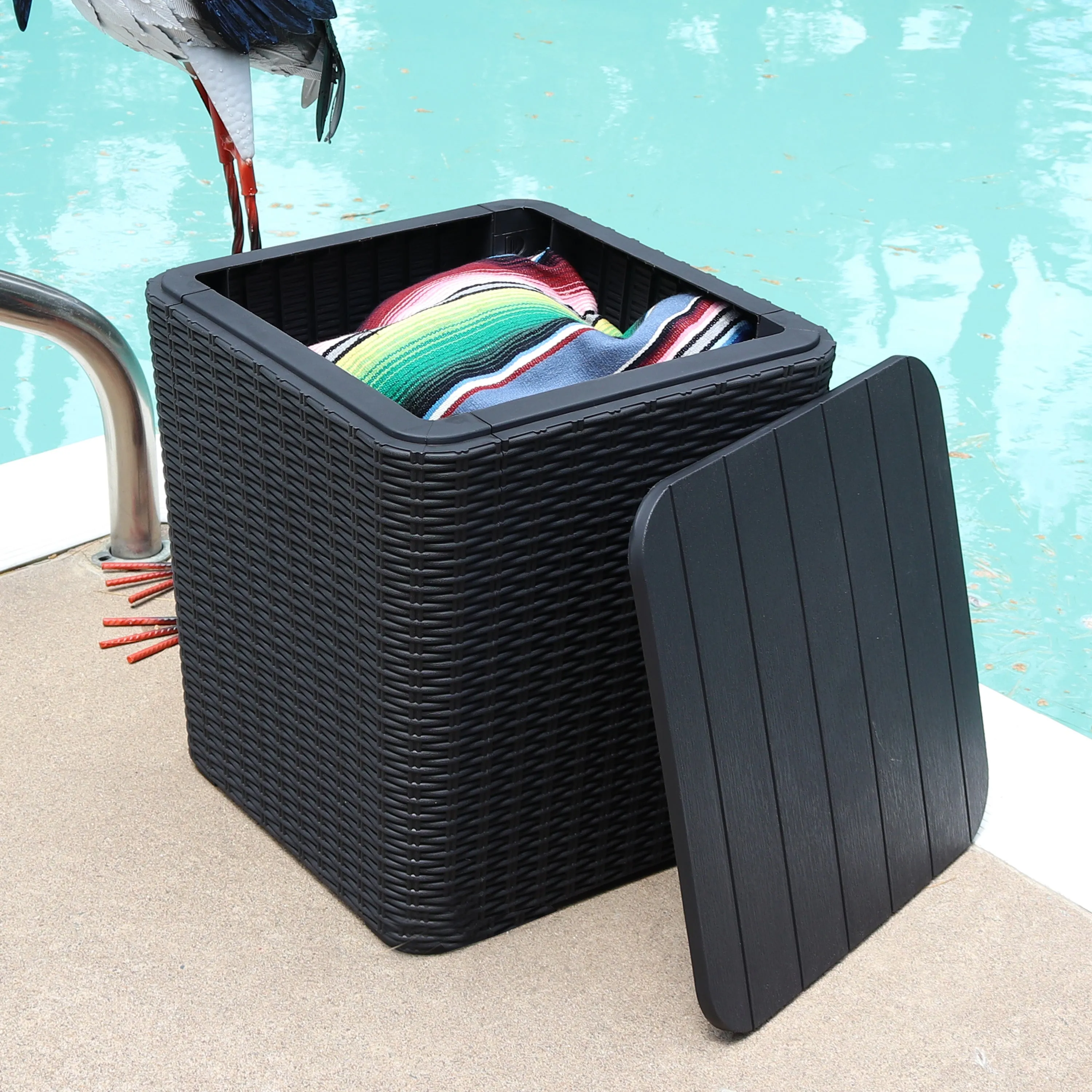 Sunnydaze Outdoor Side Table with Storage - Rattan Design - 11.5 Gal.