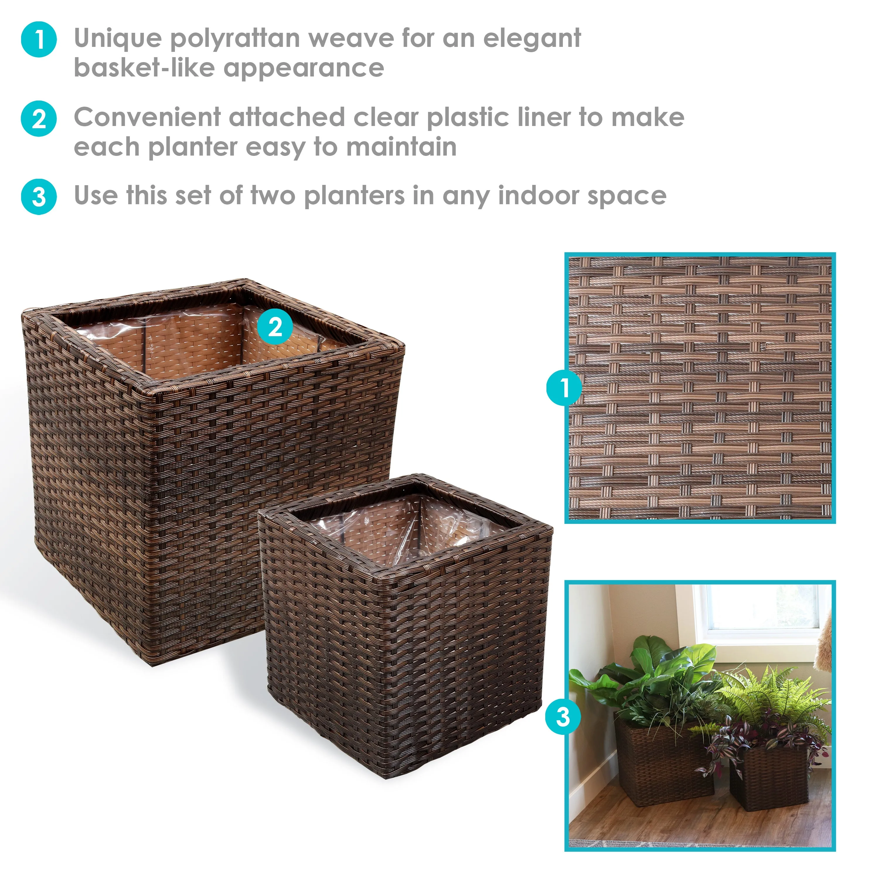 Sunnydaze Polyrattan Square Indoor Planters - 1 Large/1 Small Planter