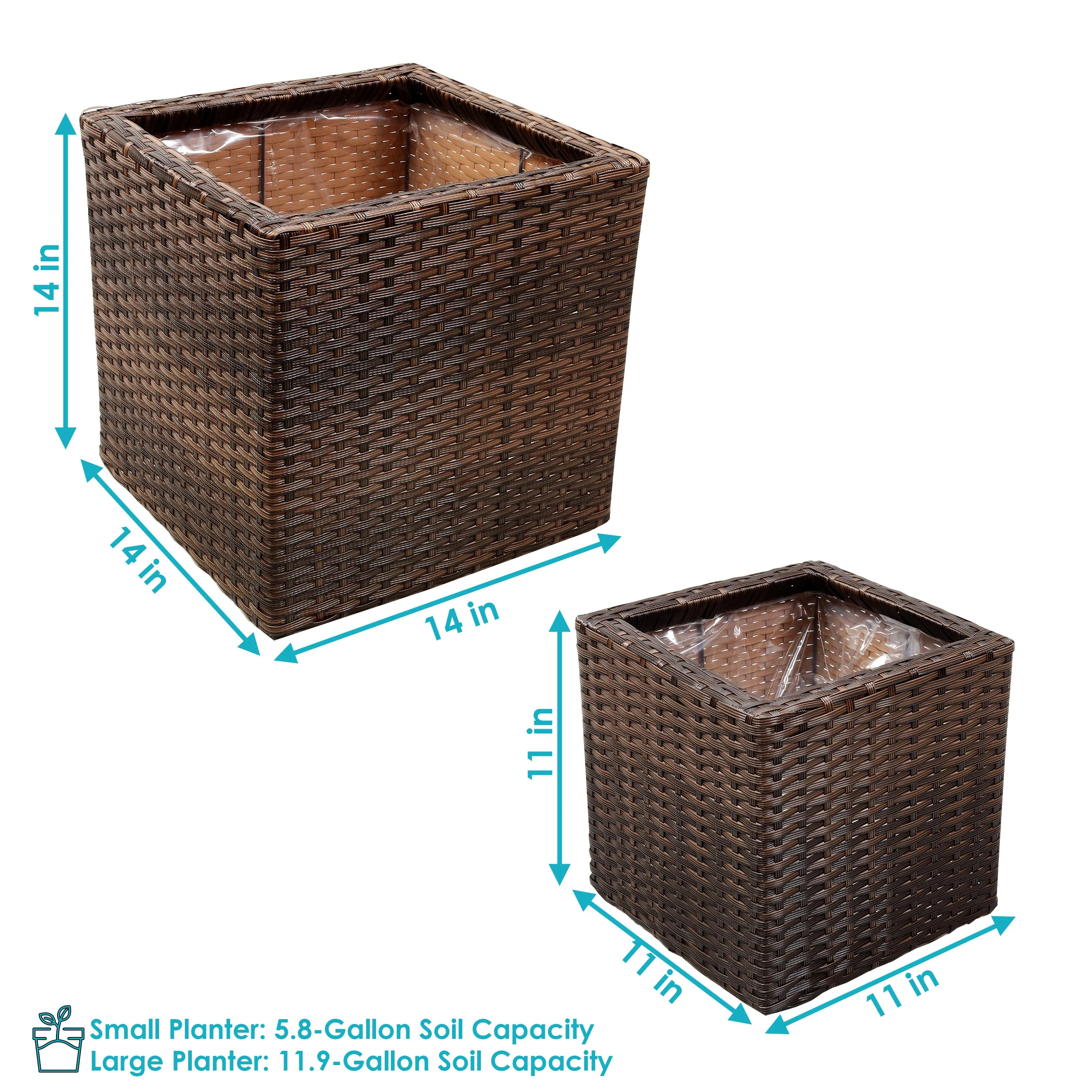 Sunnydaze Polyrattan Square Indoor Planters - 1 Large/1 Small Planter
