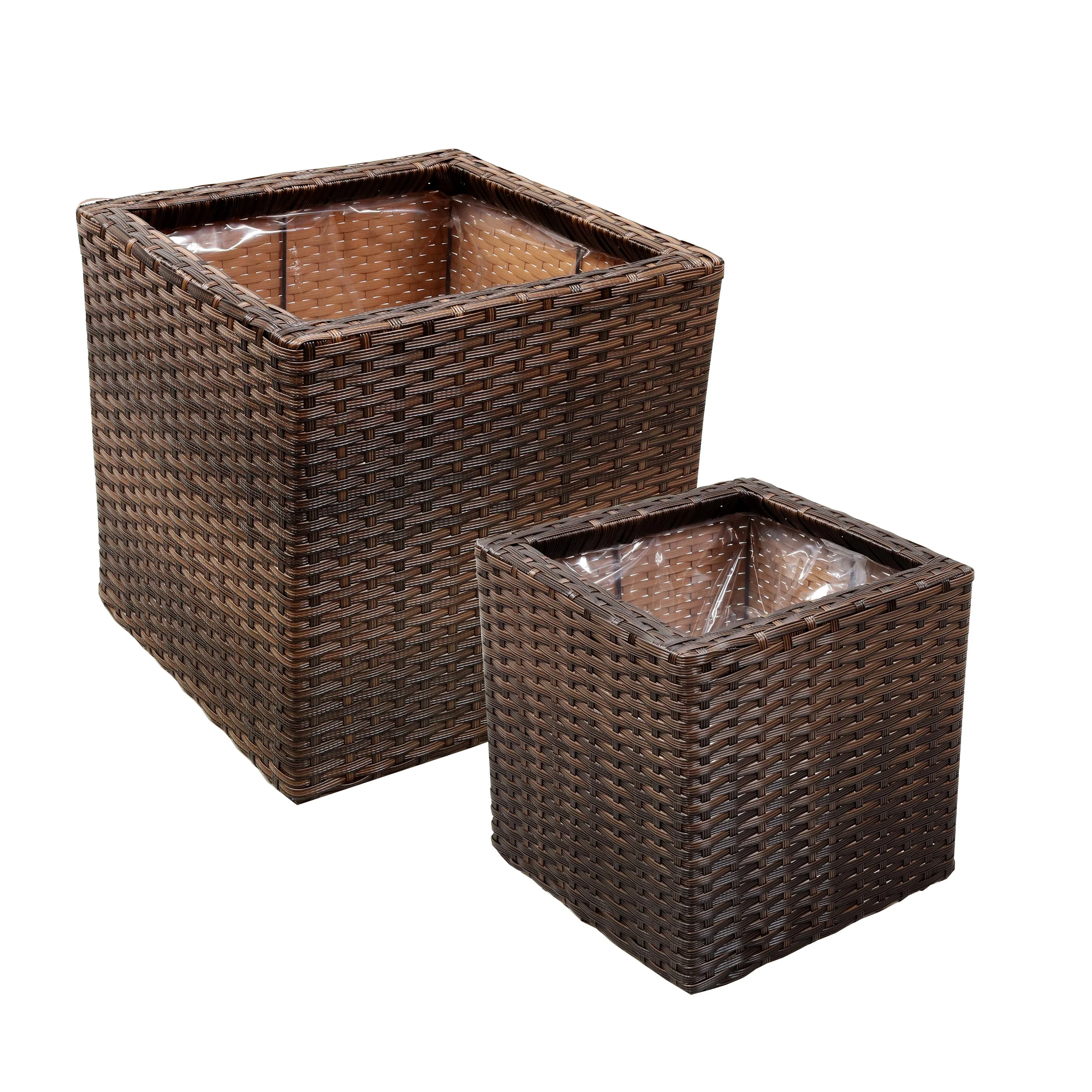 Sunnydaze Polyrattan Square Indoor Planters - 1 Large/1 Small Planter