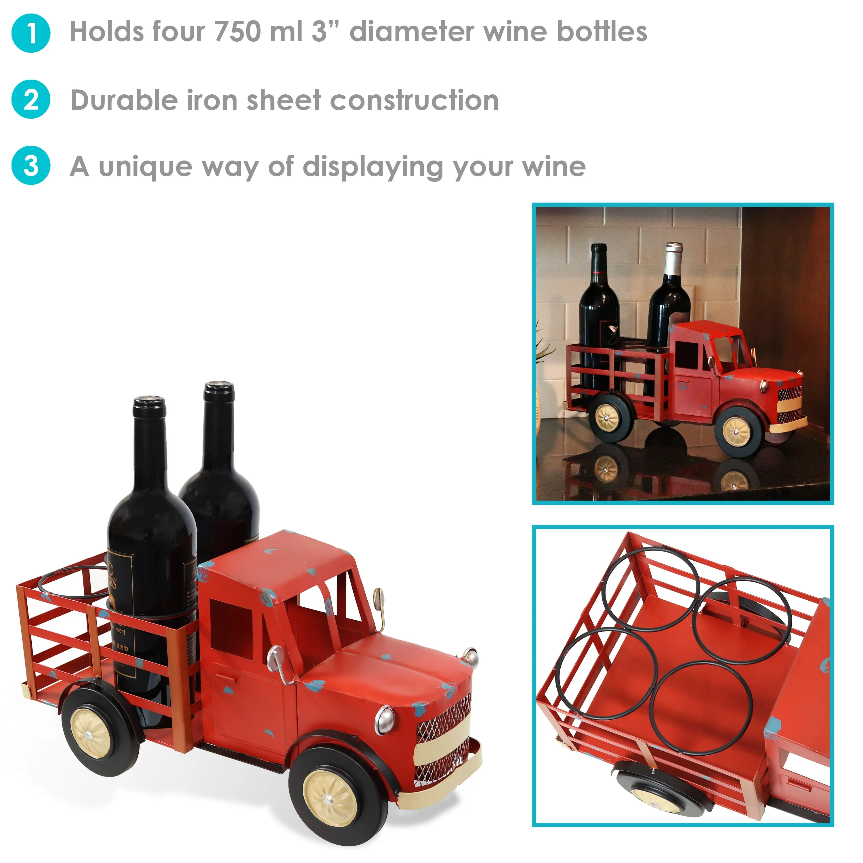 Sunnydaze Rustic Red Truck Metal Wine Rack