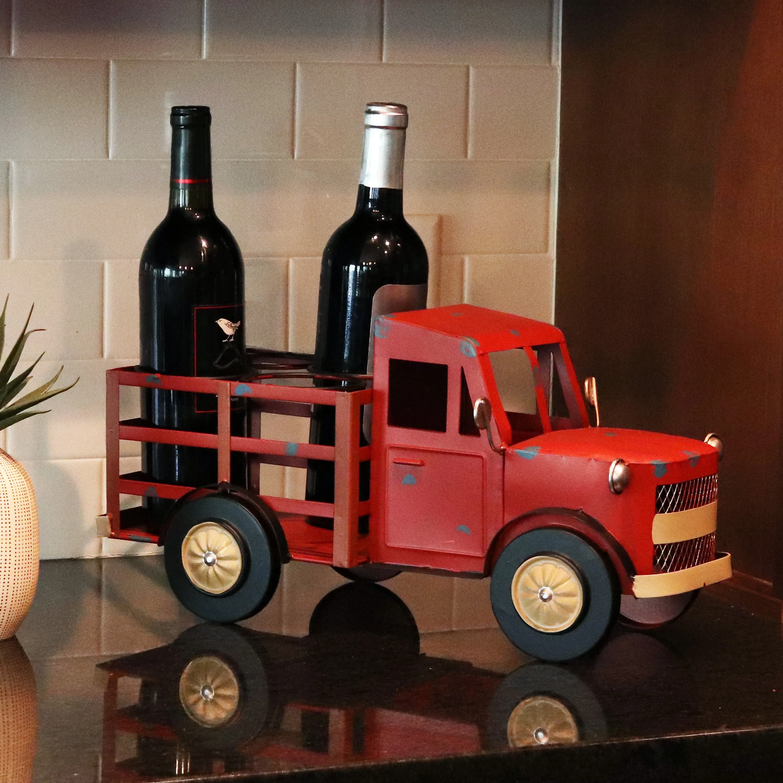 Sunnydaze Rustic Red Truck Metal Wine Rack
