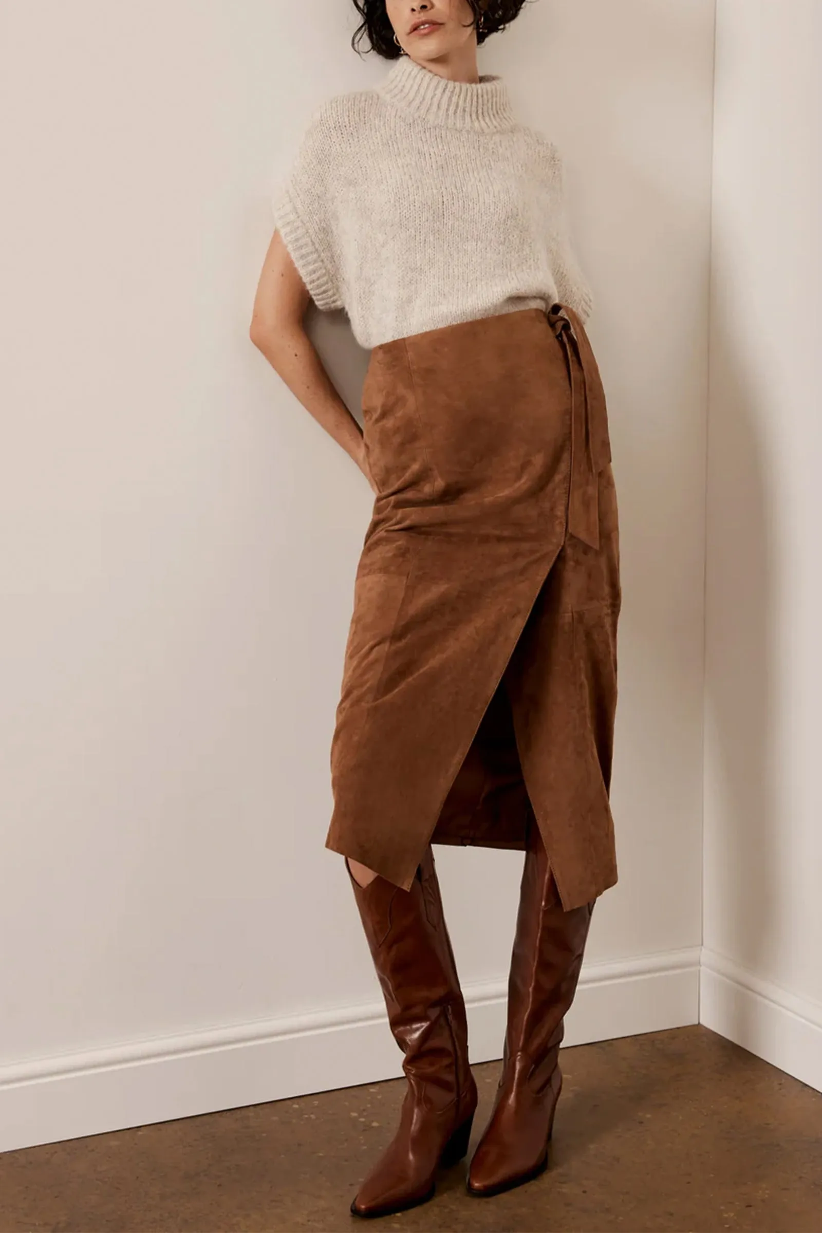 Tan Suede Tie Side Midi Skirt