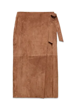 Tan Suede Tie Side Midi Skirt
