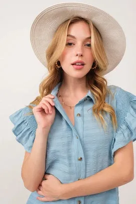 Textured Short Ruffle Sleeve Romper - Powder Blue