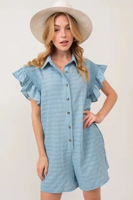 Textured Short Ruffle Sleeve Romper - Powder Blue