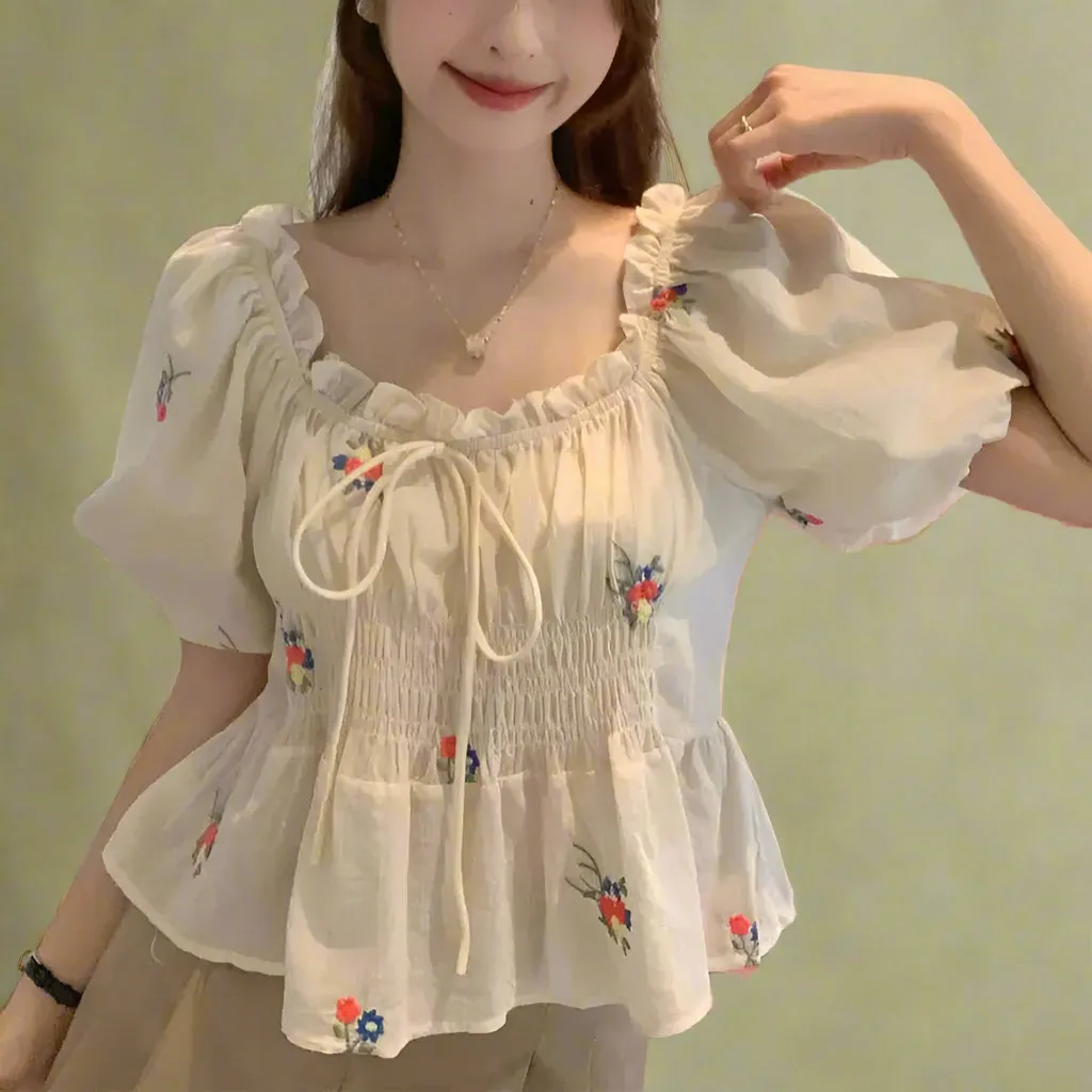 Vintage Square Neck Floral Babydoll Blouse