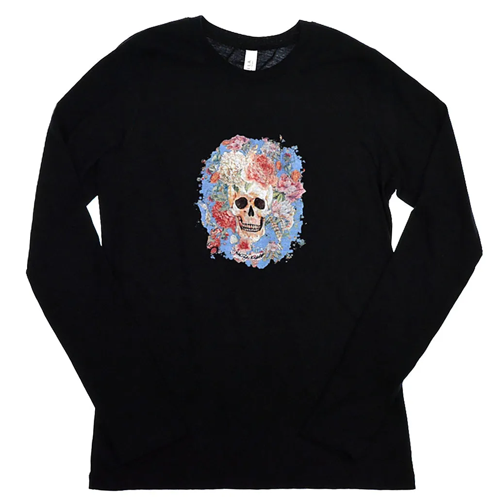 Walter Knabe Women'a Long Sleeve T Shirt Skull Floral Light Blue