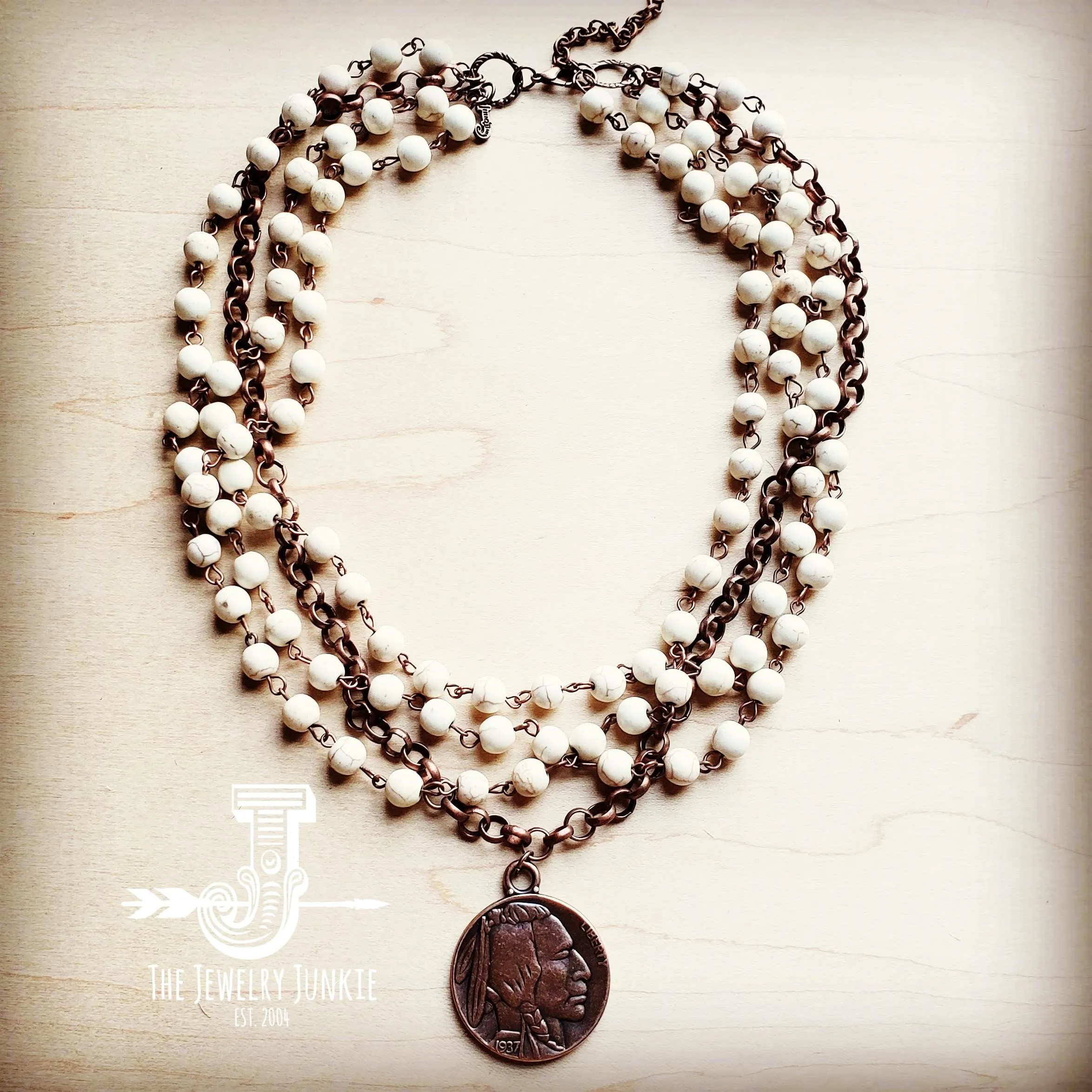 White Turquoise Collar-Length Necklace w/ Indian Buffalo Coin 227Y