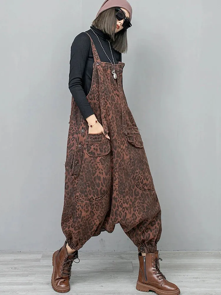 Women's Leopard Stained Distressed Denim Overalls